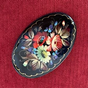 Hand-painted lacquered wood pin, Vintage 1980’s